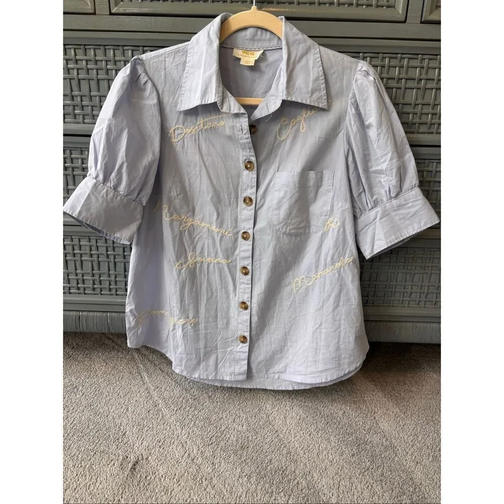 Anthropologie Blue Embroidered European feminine Puff Sleeve Button-Down Blouse,